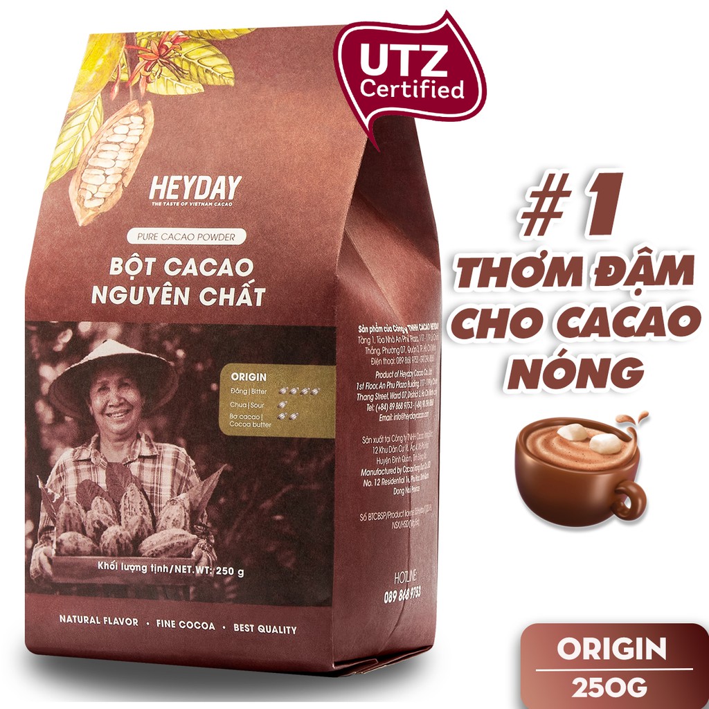 Bột cacao nguyên chất 100% không đường Heyday - Dòng Origin thượng hạng - Túi giấy 250g