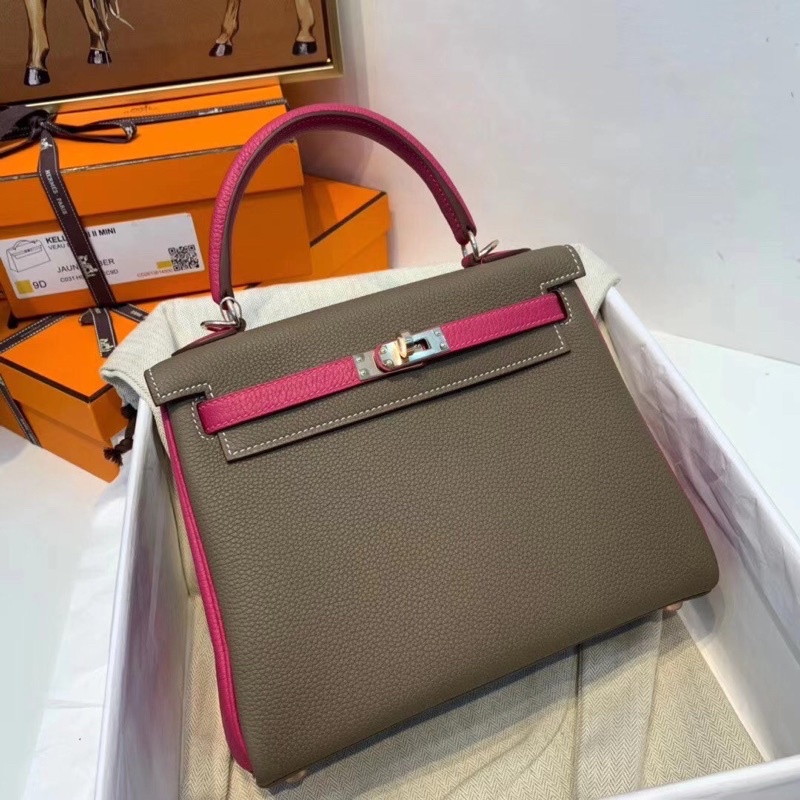 Túi xách nữ thương hiệu Hermes Kelly 28 da thật cao cấp màu hồng phối nâu xám