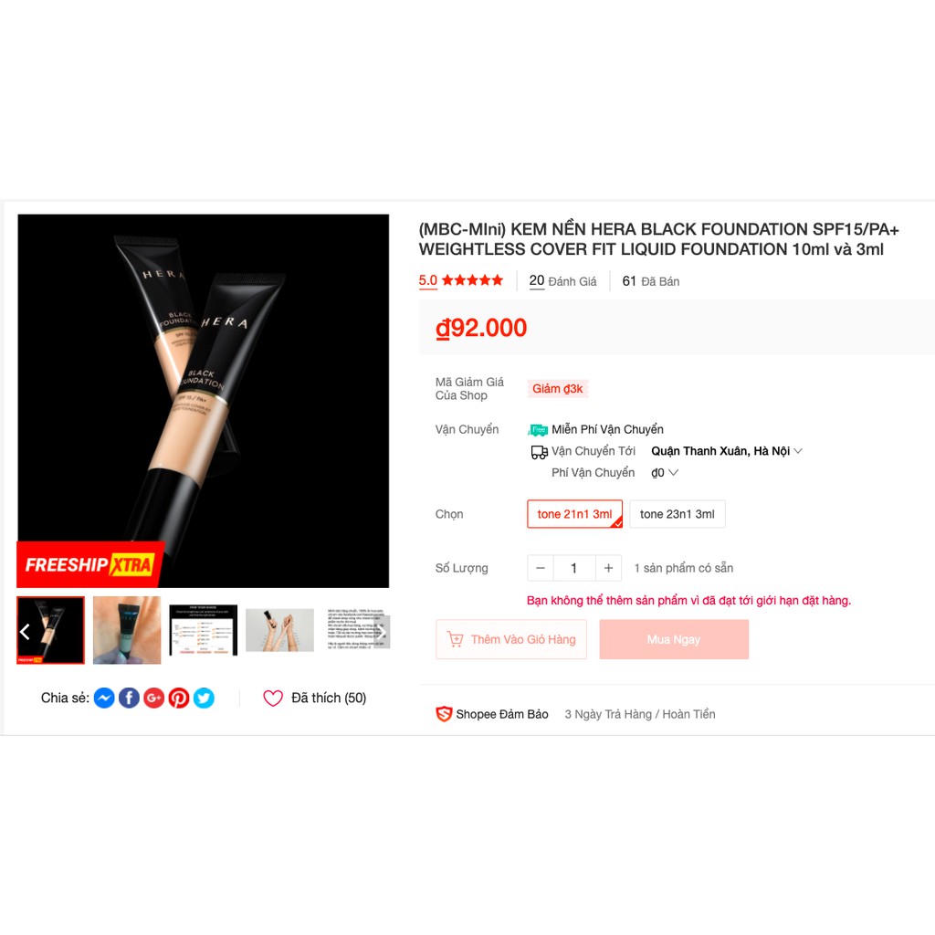 MBC-mIni KEM NỀN HERA BLACK FOUNDATION SPF15/PA+ WEIGHTLESS COVER FIT LIQUID FOUNDATION 10ml và 3ml | BigBuy360 - bigbuy360.vn
