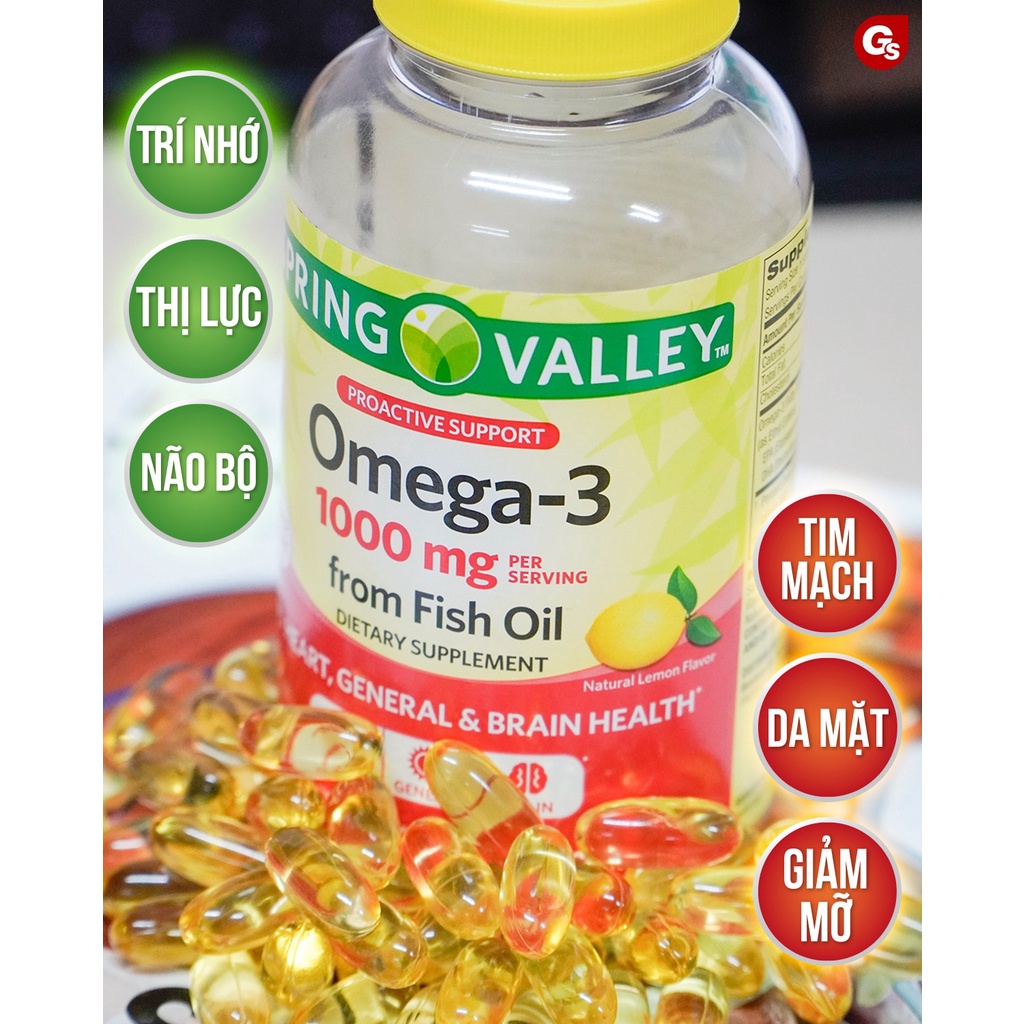 Dầu cá Omega 3 Spring Valley Fish Oil 1000mg nhập khẩu Mỹ phân phối chính hãng GymStore, hỗ trợ đẹp da, tốt cho trí não
