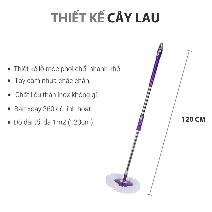 Cây chổi lau nhà inox kèm bông lau xoay 360 độ