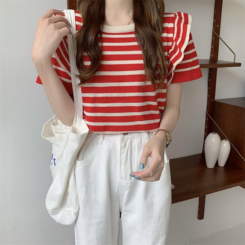 Áo thun dệt kim ZHELIHANGFEI tay ngắn cổ tròn họa tiết sọc thời trang cho nữ