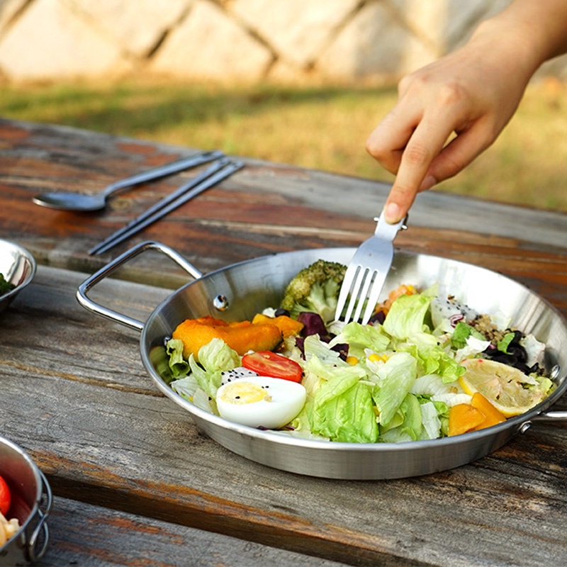 Stainless steel binaural pan camping supplies outdoor stainless steel binaural pan camping picnic tableware Korean style Army hot pot salad basin wUPc