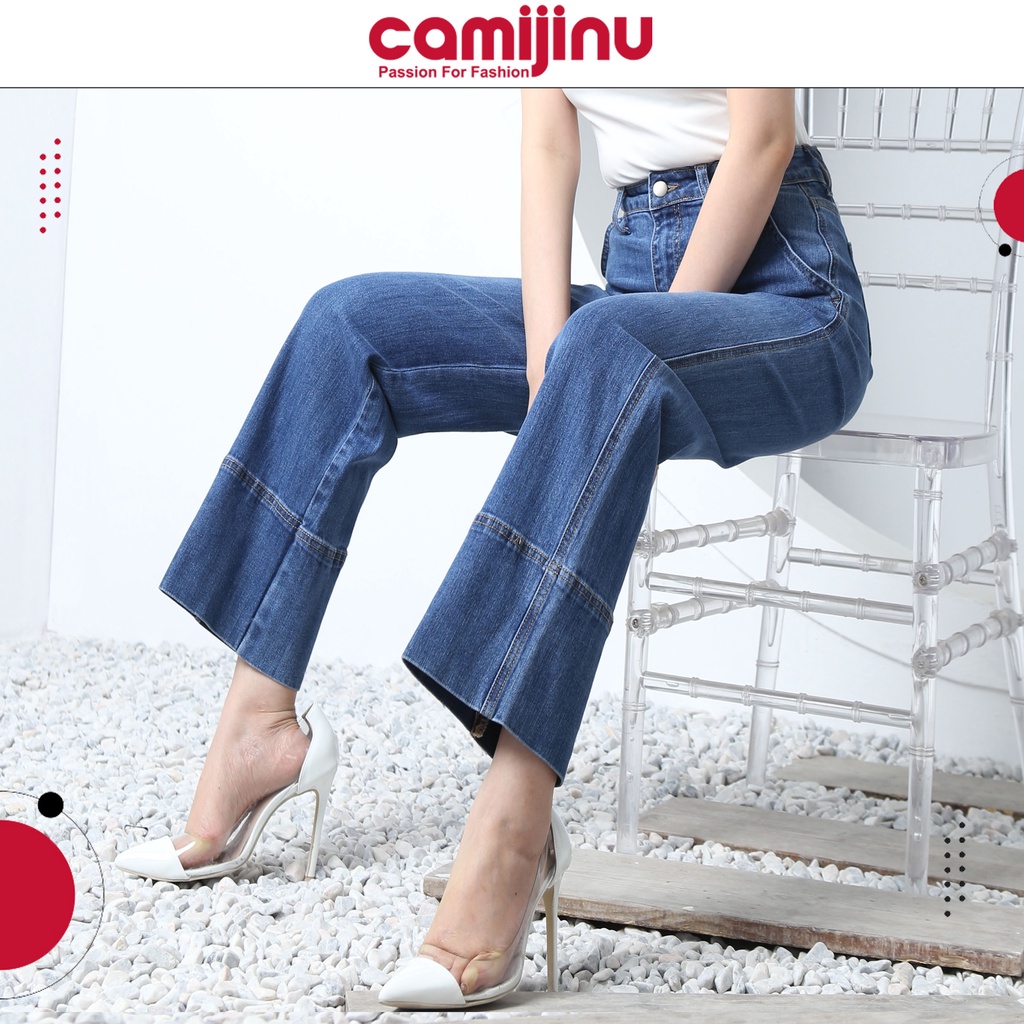 Quần Jeans Nữ Suông Túi Chéo, Gấu To, Dáng Dài Màu Xanh Đậm - Thương Hiệu Camijinu