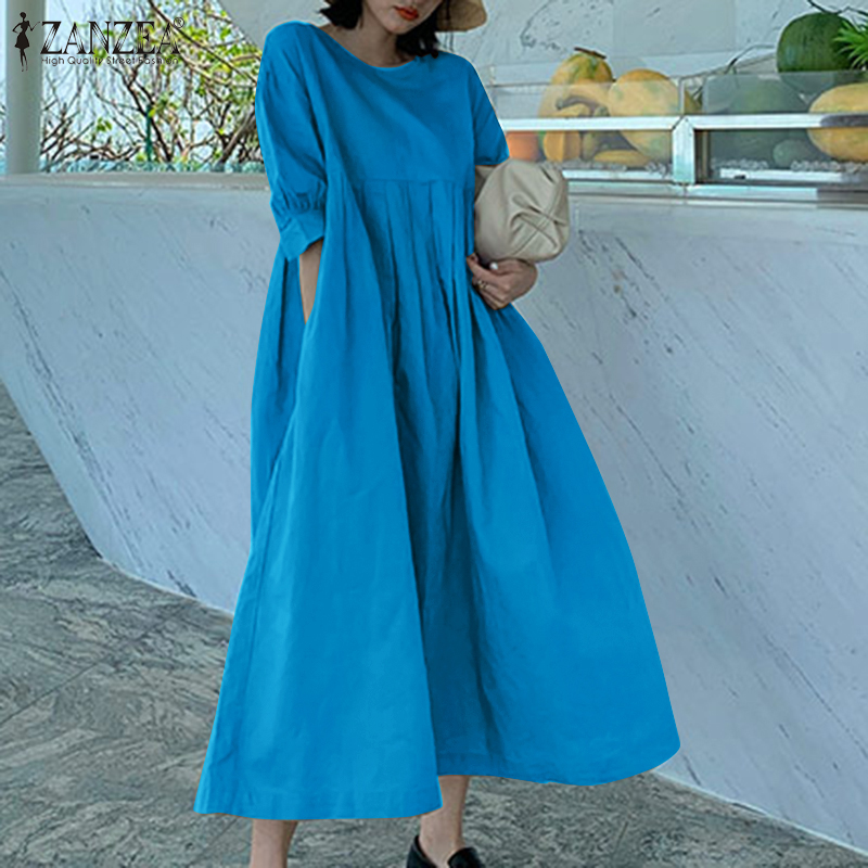 Đầm dài ZANZEA tay ngắn xếp ly màu đơn sắc giản dị cho nữ | BigBuy360 - bigbuy360.vn