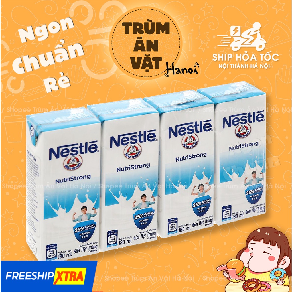 Dây 4 hộp sữa tươi Nestle có đường, ít đường, dâu, socola 180ml [Trùm ăn vặt Hà Nội]