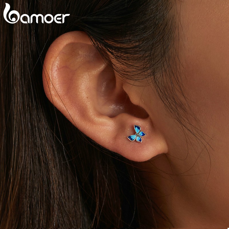 Đôi bông tai Bamoer Sce1285 bằng bạc 925 hình bướm đính đá màu xanh dương thời trang cho nữ