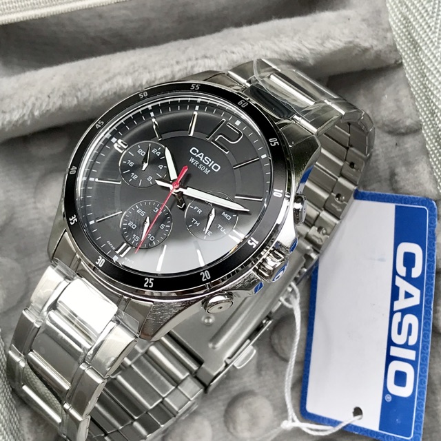 Đồng hồ nam Casio MTP-1374D-1AVDF 6 Kim - Dây kim loại mạ bạc Mặt đen