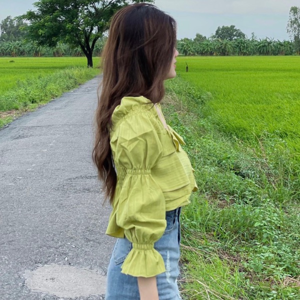 Áo kiểu tay dài cổ vuông phối tầng ,áo bánh bèo babydoll,chất vãi đũi mềm siêu xinh PLA08