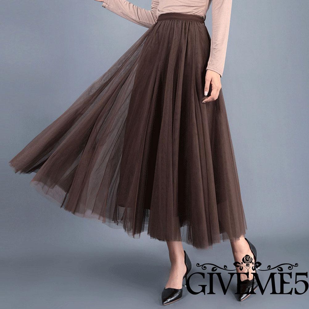 Chân váy maxi dài lưng cao vải lưới tuyn nhiều lớp cho nữ