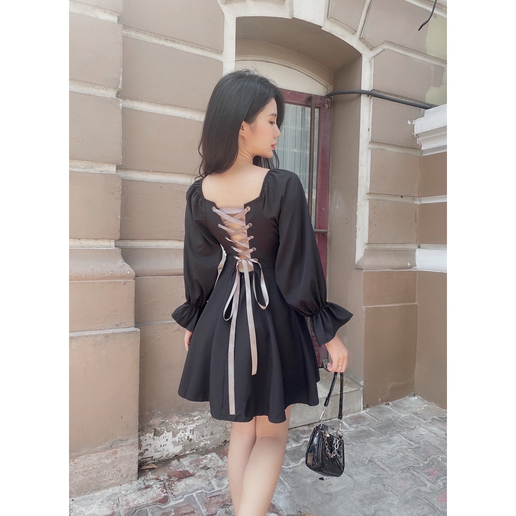 ĐẦM ĐEN THẮT DÂY CHÉO LƯNG SANG CHẢNH - LOWEN DRESS