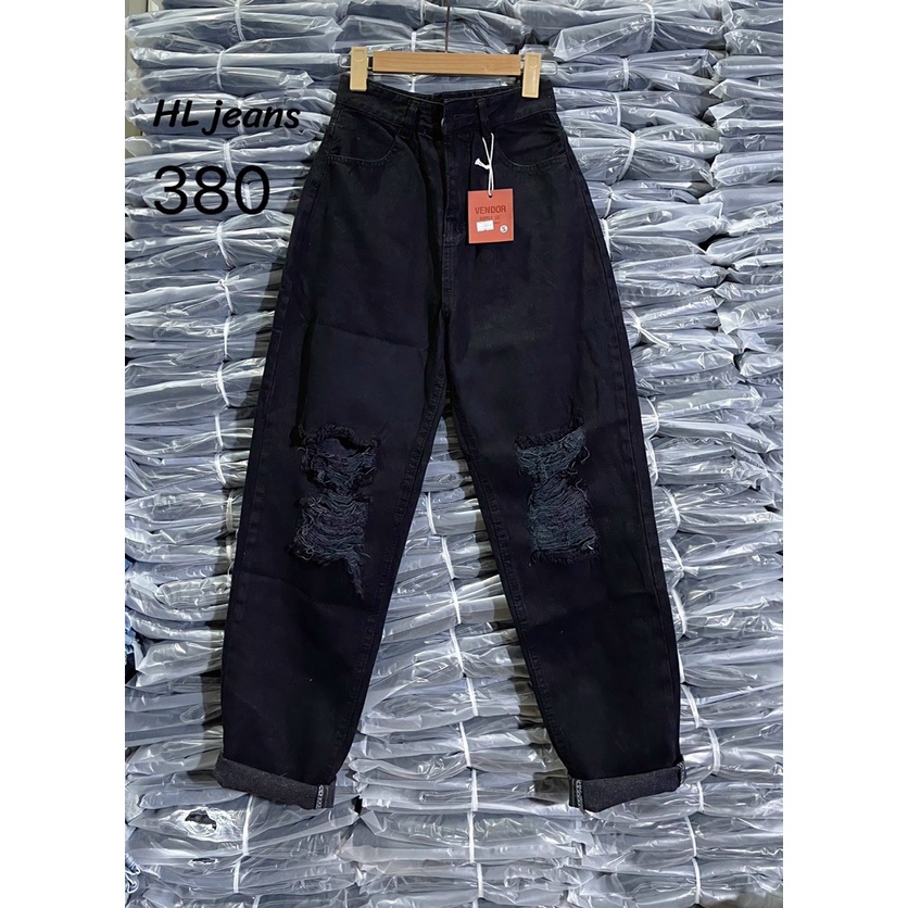 QUẦN BAGGY JEANS NỮ LƯNG CAO RÁCH MẢNG VUÔNG 2 GỐI MÀU ĐEN LAI CUỐN FORM TÔN DÁNG VẢI DÀY DẶN CAO CẤP NITIQC