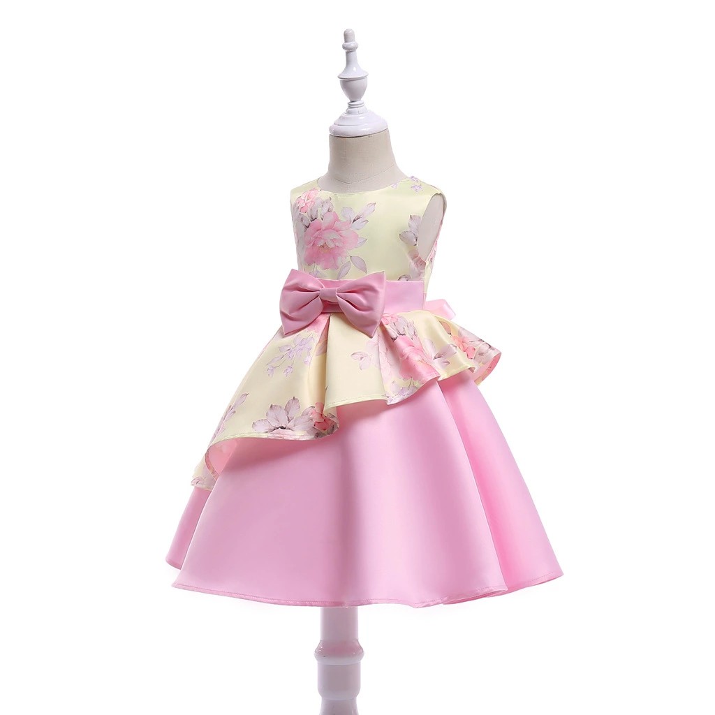 Váy đầm công chúa cho bé gái 3 đến 9 tuổi Váy dạ hội dự tiệc in hoa hai tầng chân váy chéo nơ bướm nhấn eo Màu vàng hồng