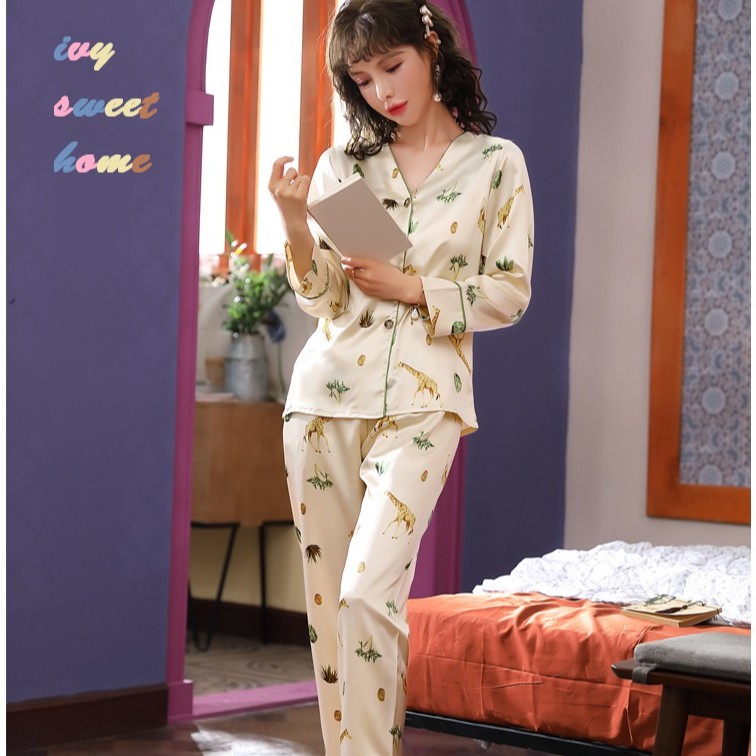 Pijama Lụa Satin Đẹp Tay Dài Quần Dài (42-78kg) 🎁 Đồ Ngủ Cổ V Dịu Dàng Cài Khuy🎁IVY633