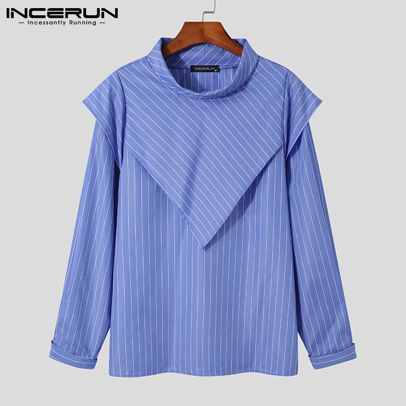Áo INCERUN họa tiết sọc kiểu dáng không đồng đều tay dài cổ cao dành cho nam