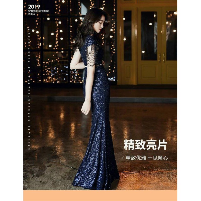 Đầm dạ hội kim sa chuỗi pha Lê