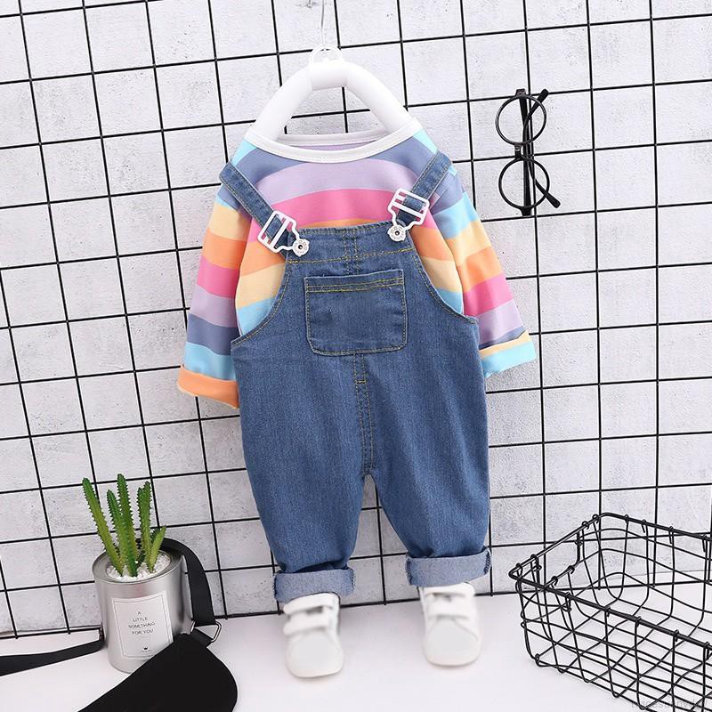 Set áo sọc cầu vồng + Quần yếm cho bé