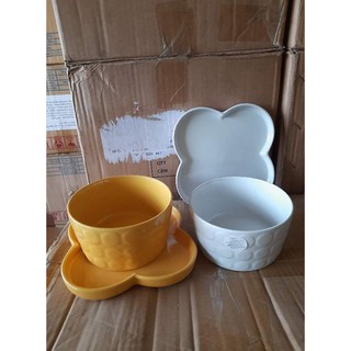 Bộ 3 tô sứ và dĩa sứ hình cánh hoa cao cấp