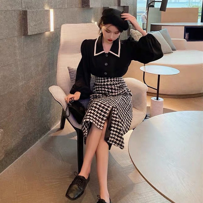 Áo sơ mi tay dài màu đen/ Chân váy dài lưng cao IELGY thiết kế thời trang cho nữ