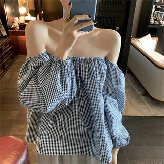 Áo trễ vai kẻ ô tay rời