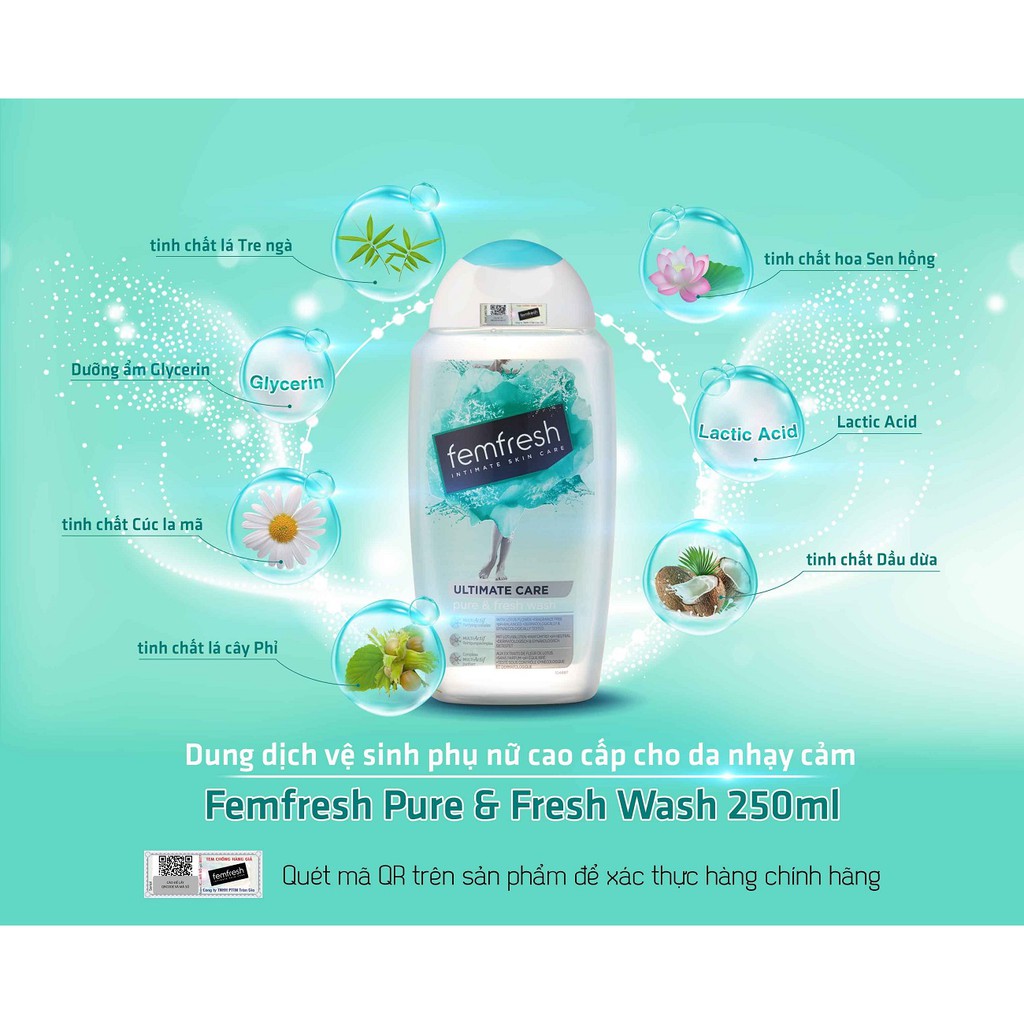 Dung dịch vệ sinh cao cấp cho da nhạy cảm Femfresh Pure &amp; Fresh Wash 250ml - Xanh Lá