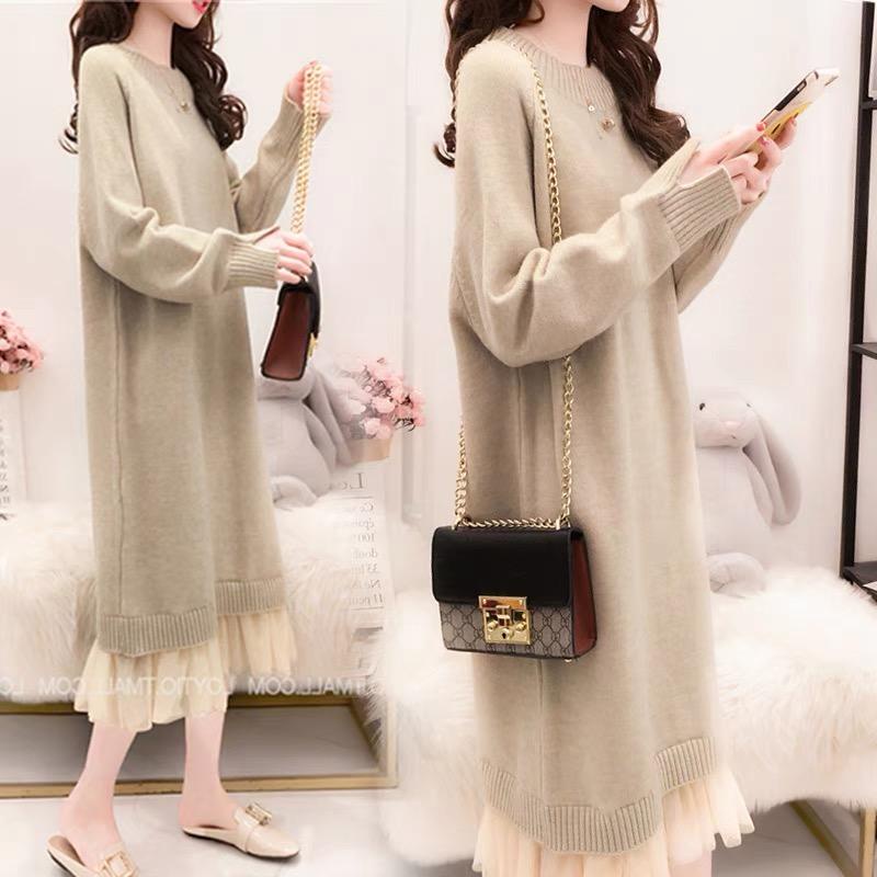 MS838 Váy đầm len nữ trơn chân ren 2 tầng tiểu thư