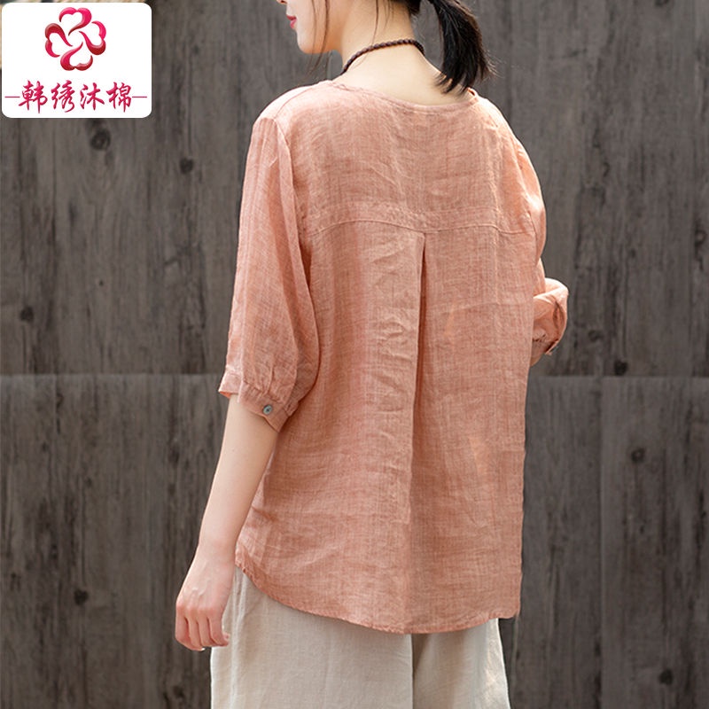 Áo Thun 100% Cotton Mỏng Tay Ngắn Thoáng Khí Thêu Hình Hoa Sen Phong Cách Retro  100% Cotton Cho Nữ 2022