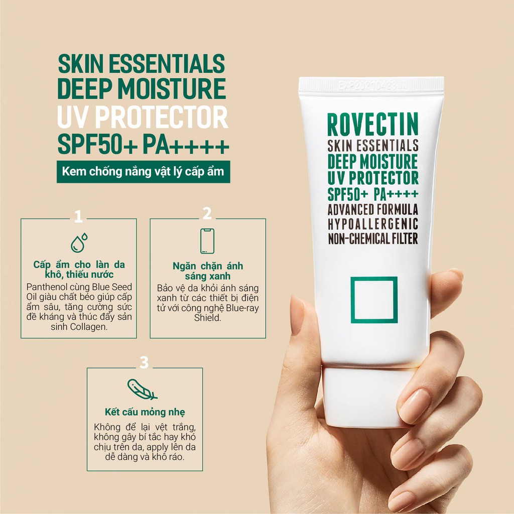 Kem chống nắng vật lý cấp ẩm ROVECTIN Skin Essentials Deep Moisture UV Protector SPF 50+ PA++++