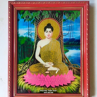 Tranh Thờ Phật Tổ Thích Ca Kim Sa Vàng Khung Gỗ 28x35Cm Cao Cấp Kèm Văn Khấn