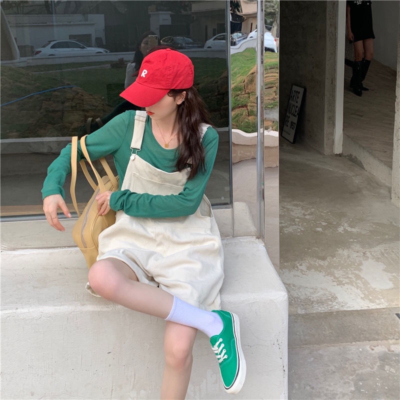 Quần yếm vải corduroy ống rộng lưng cao phong cách hoài cổ Hàn Quốc