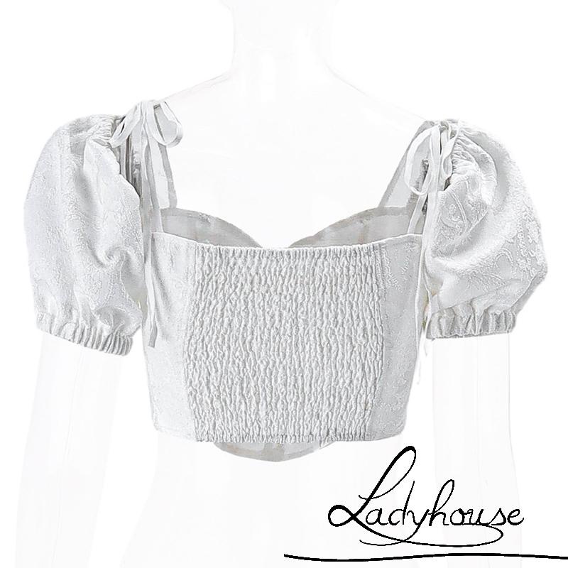 Áo Croptop Tay Phồng Ngắn Cổ Buộc Dây Thời Trang Cho Nữ