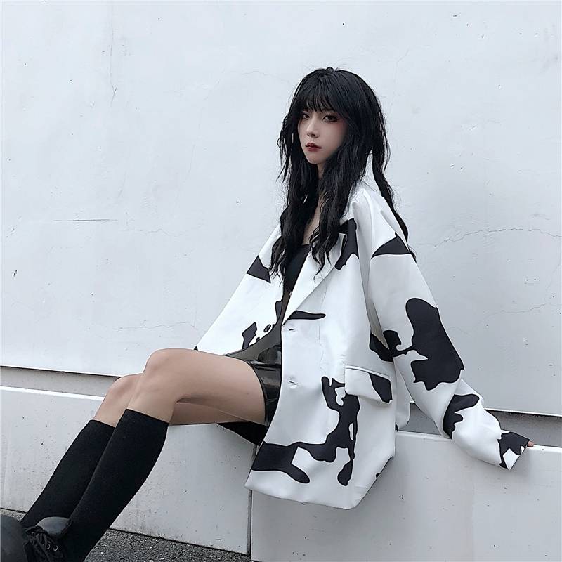 Áo Khoác Vest Dáng Rộng Họa Tiết Bò Sữa Phong Cách Retro Harajuku Cho Cặp Đôi