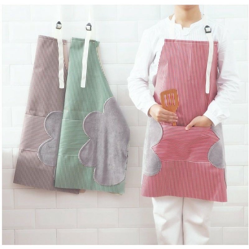 Tạp dề kẻ có túi và khăn lau 2 bên chống thấm