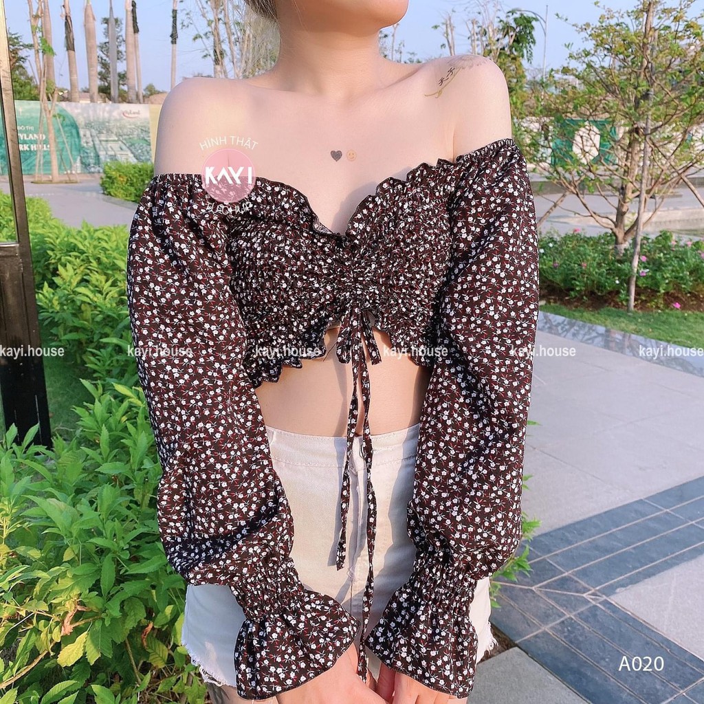 Áo trễ vai tay dài hoa - ảnh thật - A020