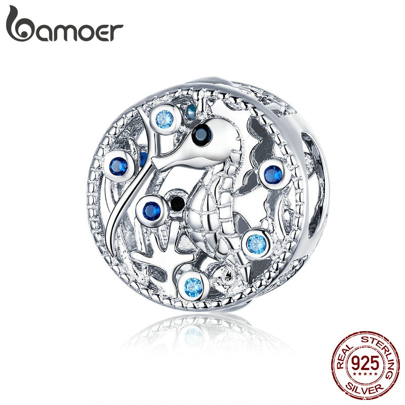 Hạt phụ kiện BAMOER BSC266 bằng bạc 925 đính đá hình cá ngựa dùng làm vòng tay DIY chất lượng cao