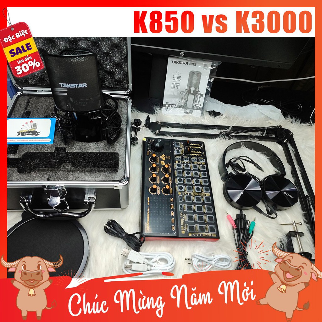 [tặng full phụ kiện] trọn bộ combo micro K850 + sound card K3000 + full phụ kiện livestream karaoke thu âm chuẩn