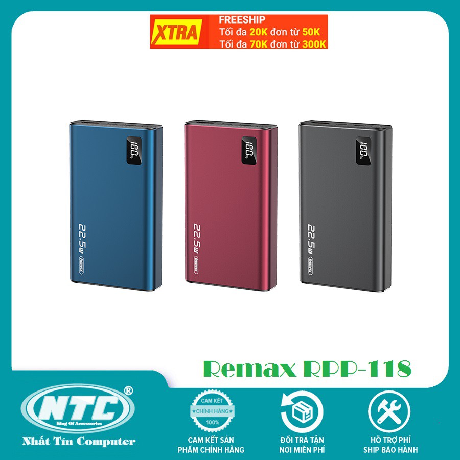 Pin sạc dự phòng Remax RPP-118 10.000mAh sạc nhanh QC3.0 và PD max 22.5W - Hàng chính hãng