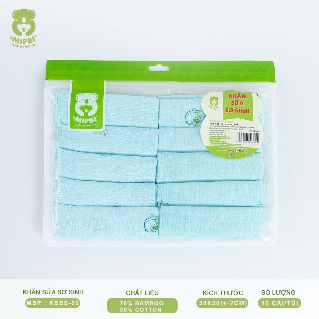 Khăn Sữa Sơ Sinh Mipbi CAO CẤP - 70% Sợi Tre 30% Bamboo - Set 10c, Kích Thước 30*30cm