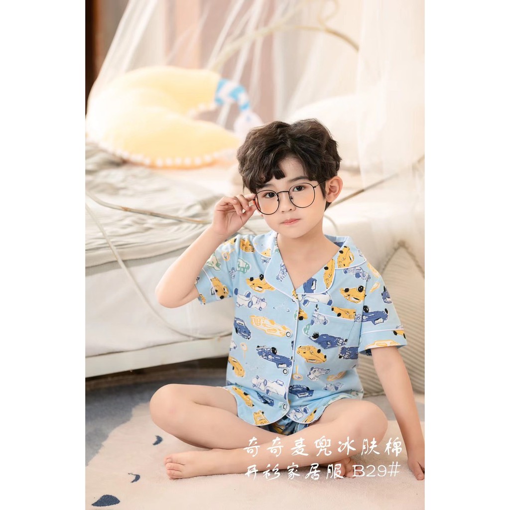 Bộ Pijama cho bé 7-14 tuổi cộc tay in hình xuất Hàn, Đồ ngủ bé trai vải cotton thấm hút mồ hôi