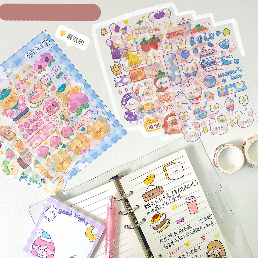 Sticker Set 4 Tấm Tự Cắt Thỏ Dâu Tây Và Gấu Nâu Dán Trang Trí