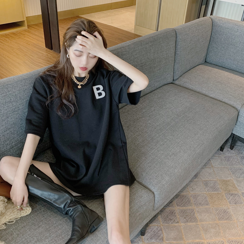 THEODORA  White/Black/Blue 3D letter embossed short sleeve t shirt Fashion reflective pattern loose half sleeve t-shirt Personality mid-long women tops