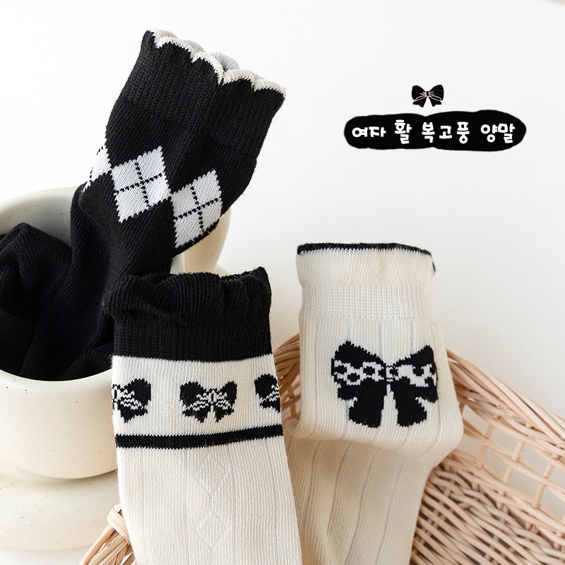 Vớ Cotton Cao Qua Gối Phối Nơ Đen Trắng Dễ Thương Dành Cho Bé Gái 3-12 Tuổi