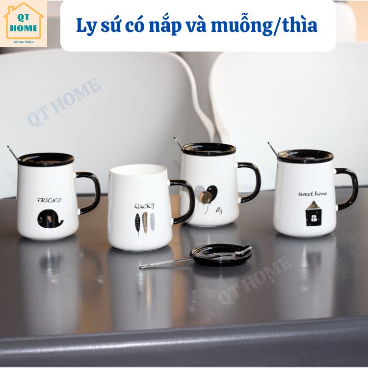 Ly Sứ Cao Cấp Có Nắp Và Muỗng / Thìa, Cốc Sứ Uống Trà, Cà Phê Màu Trắng Đen, Dung Tích 420 mL (Được Chọn Mẫu)