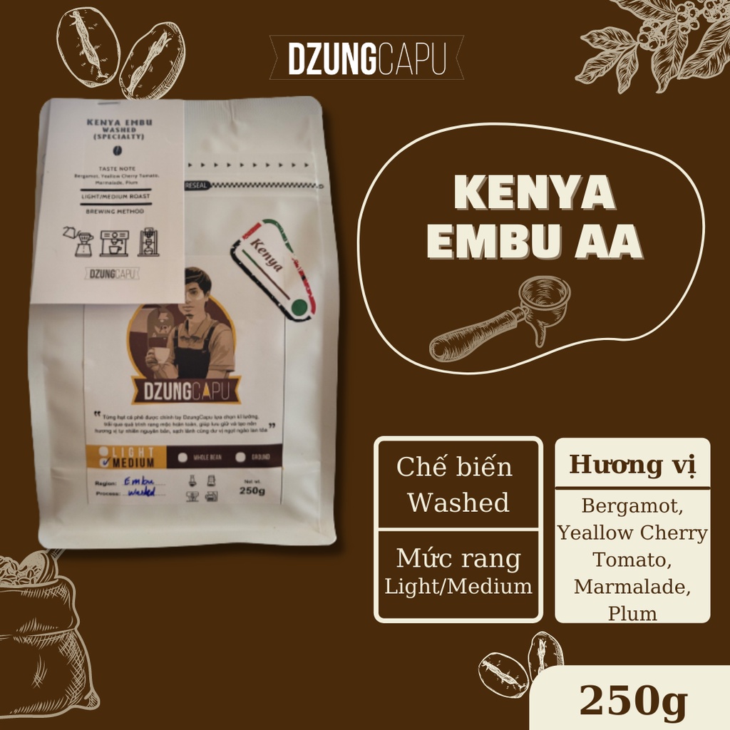 Cà phê đặc sản Kenya Embu - Sơ chế Washed - gói 250g - DzungCapu Specialty Coffee