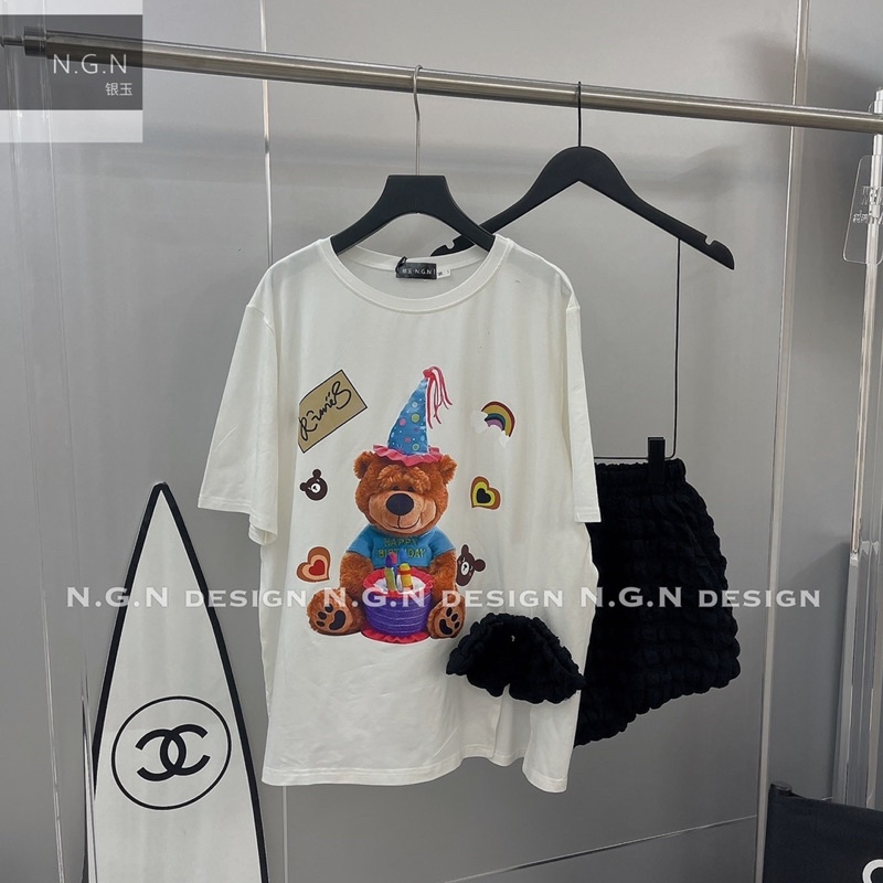 Sét áo phông gấu nơ đen + quần xù