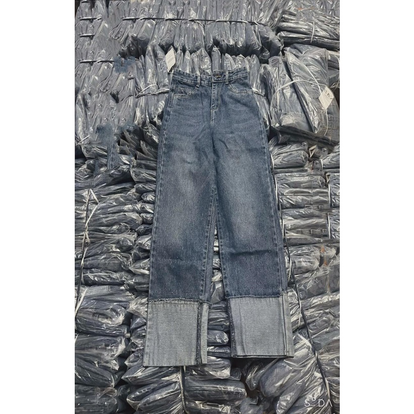 Quần jean nữ ống đứng gấp gấu, quần bò lưng cao dáng suông,chất denim co giãn tốt-Minxy shop