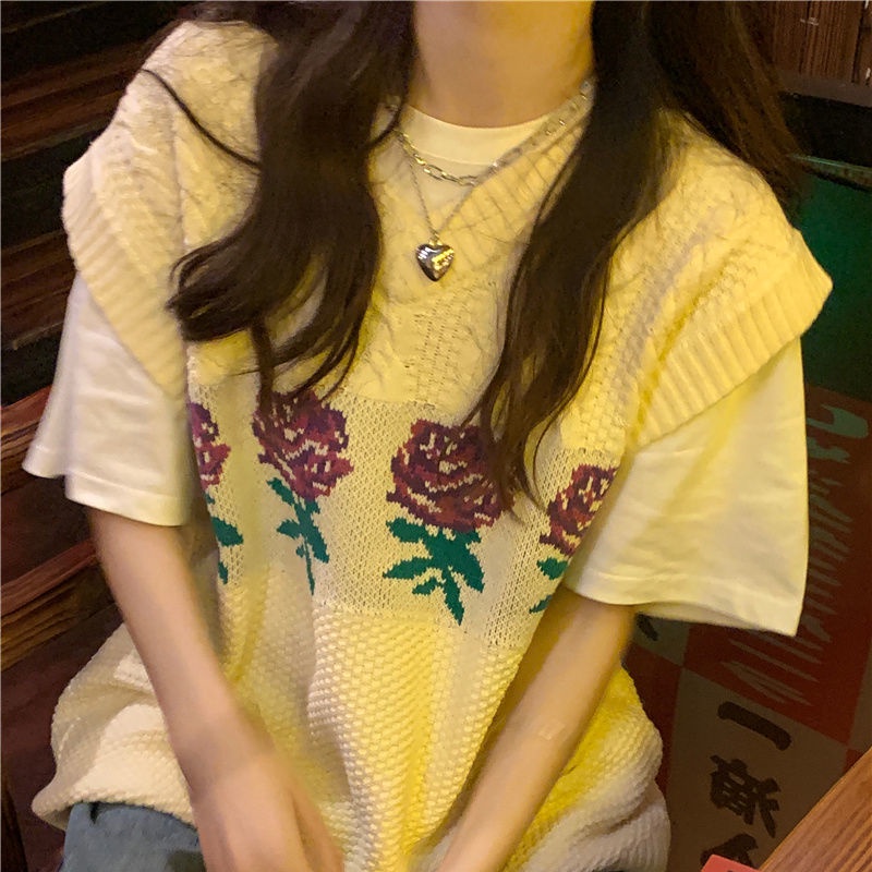 Áo len không tay cổ chữ V họa tiết hoa hồng phong cách Hàn Quốc cổ điển cho nữ sinh