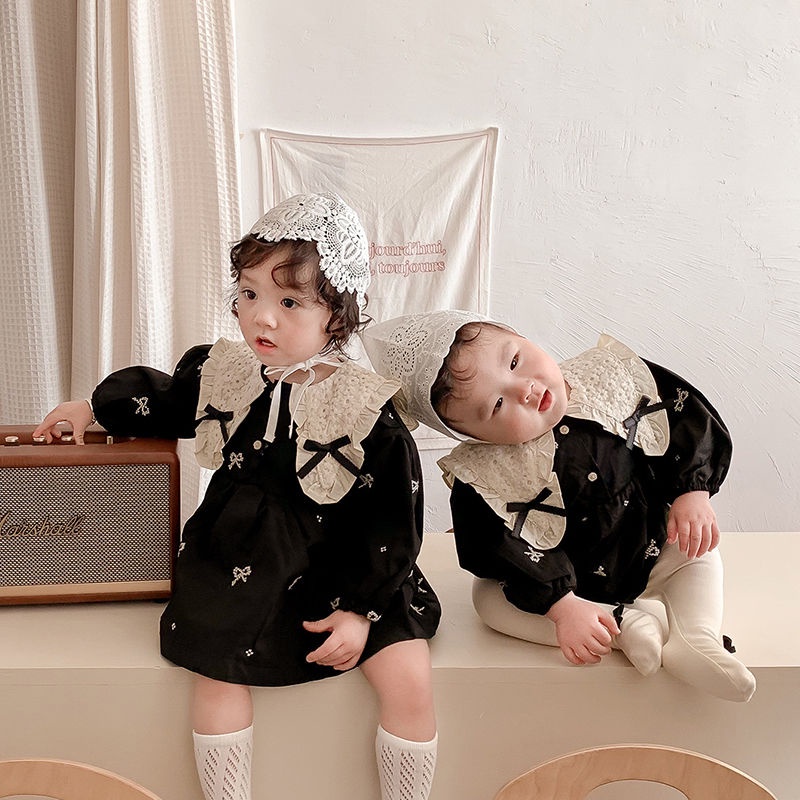 Đầm Công Chúa Tay Dài Cổ Phối Ren Màu Đen Thắt Nơ Cho Bé Gái