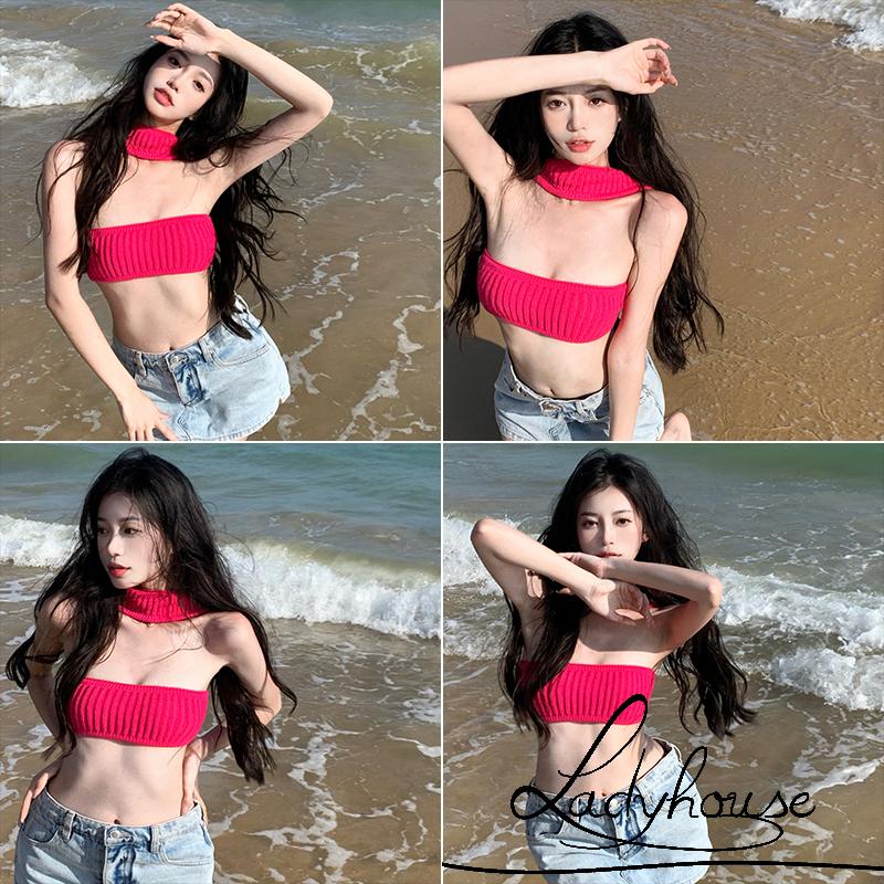 Áo Croptop Hai Dây Dệt Kim Màu Trơn Thời Trang Mùa Hè Cho Nữ