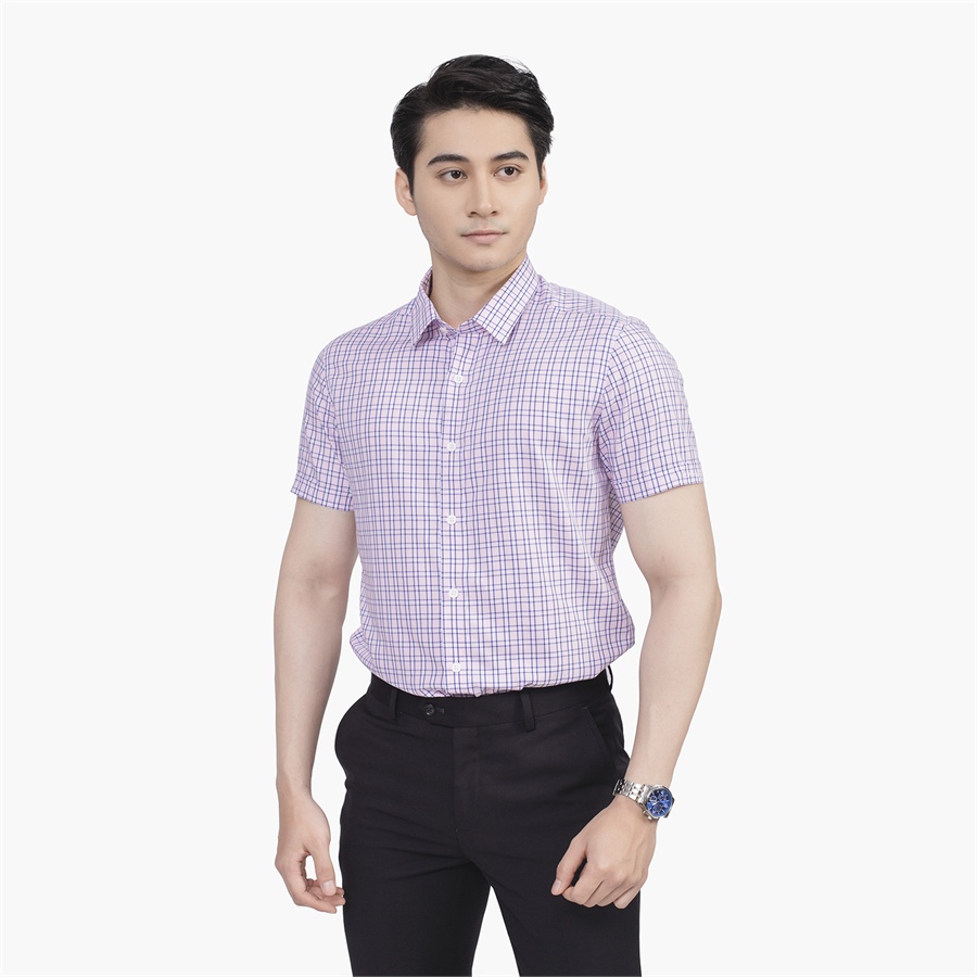 Áo sơ mi nam ngắn tay ARISTINO phom Slim fit, họa tiết kẻ caro hồng trẻ trung, năng động - ASS212S2